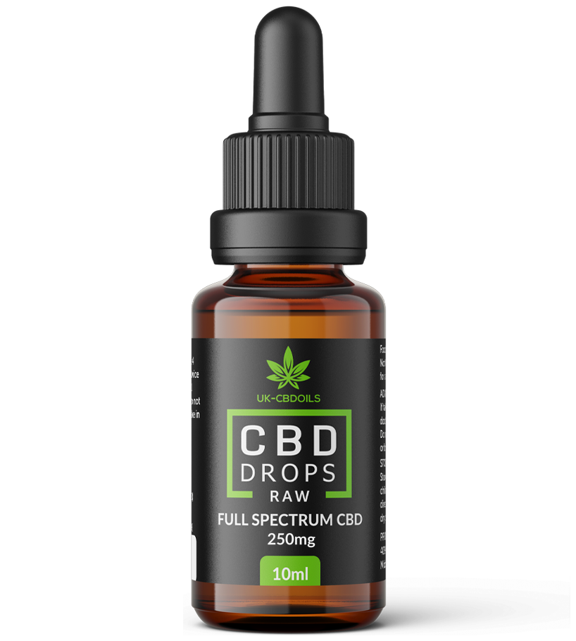UK CBD Oils RAW full spectrum CBD drops 250mg, 10 ml amber glass dropper bottle