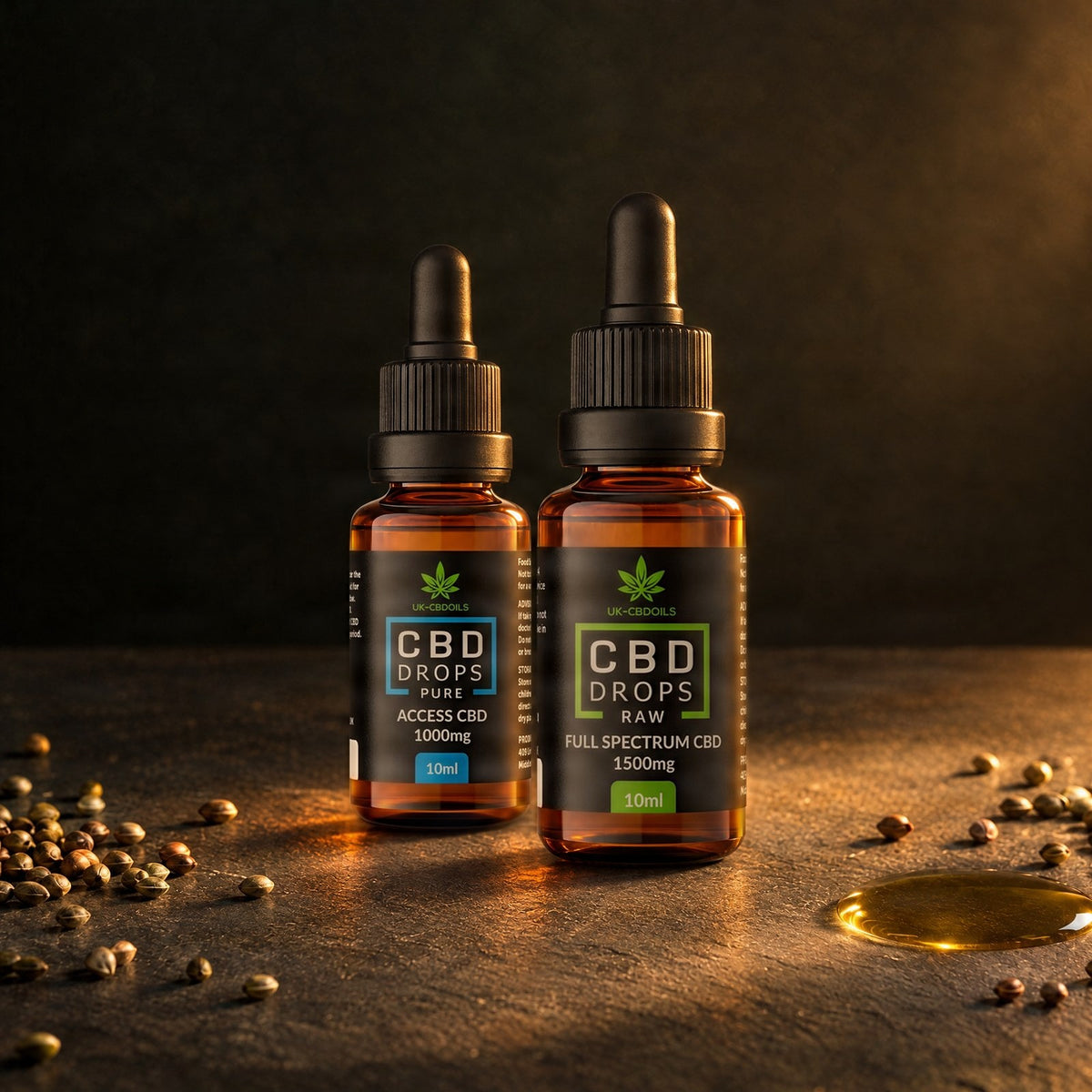 UK CBD Oils PURE and RAW CBD drops on a slate surface in warm side light, with hemp seeds and a pool of oil